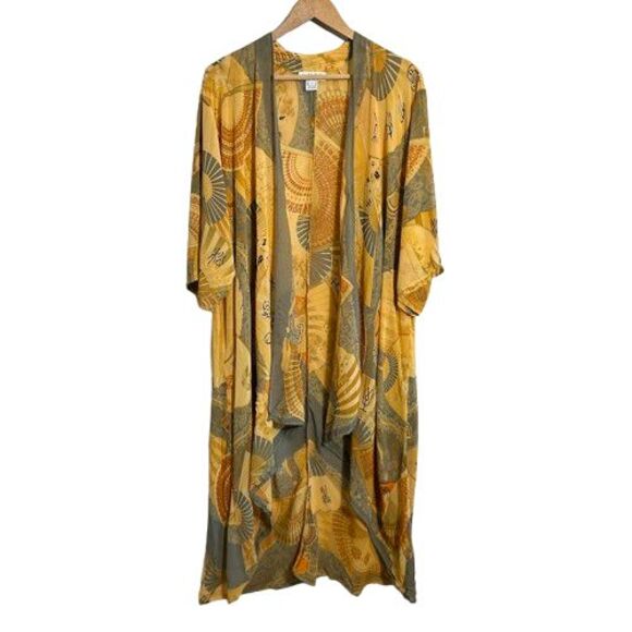 Citron Tops - Citron Silk Chiffon Duster Kimono S Asian Inspired 3/4 Sleeve Open Front Flowy